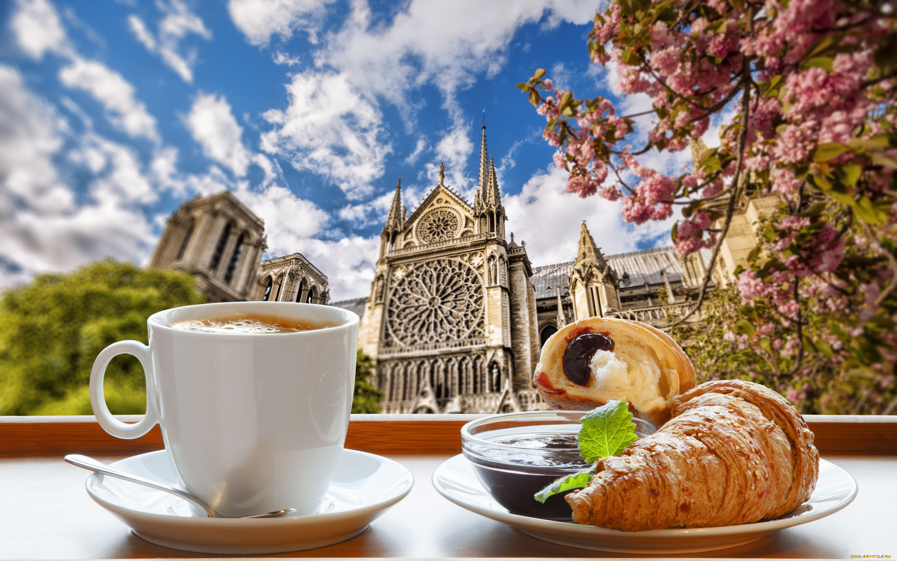 , ,   , , spring, cathedral, notre, dame, france, paris, croissant, cup, coffee, breakfast, , , , , , 